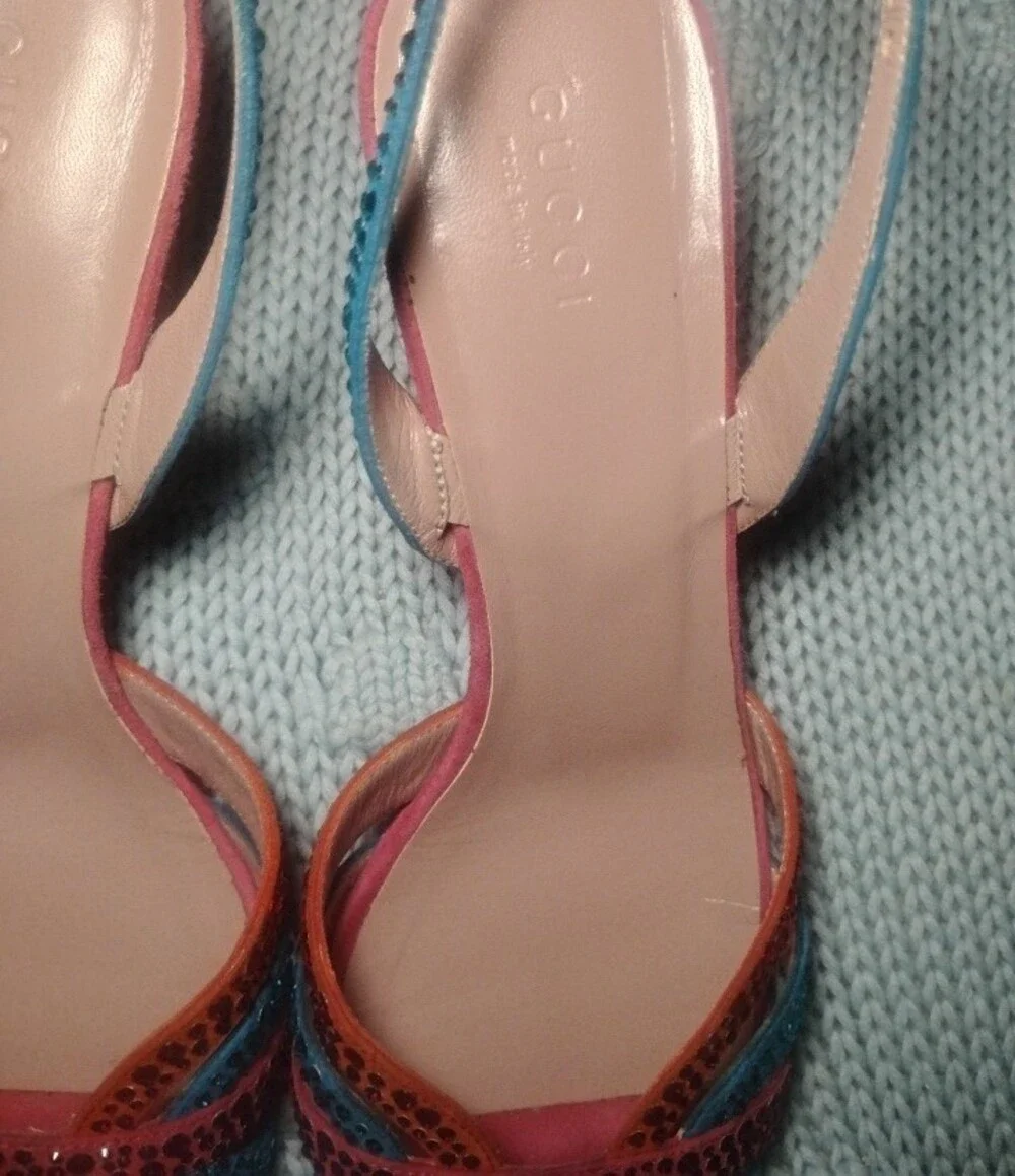 Gucci Pink, Blue & Orange Jeweled Slingback Sandals Heels Sz 7